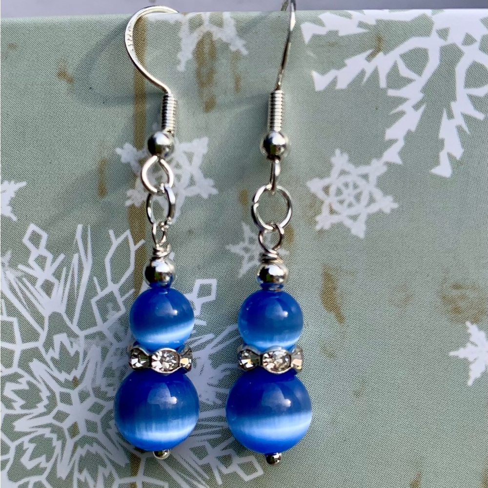 ❤️5/$15 Blue Cat Eye Glass Handcrafted Silver Dangle Earrings